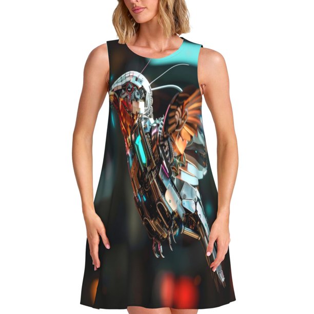 Fotbe Futuristic Robot Hummingbird Vestido de Verano sin Mangas para Mujer – Vestido Midi Línea A, Estilo Camiseta Floral, Vestido Playero Casual y Fluido