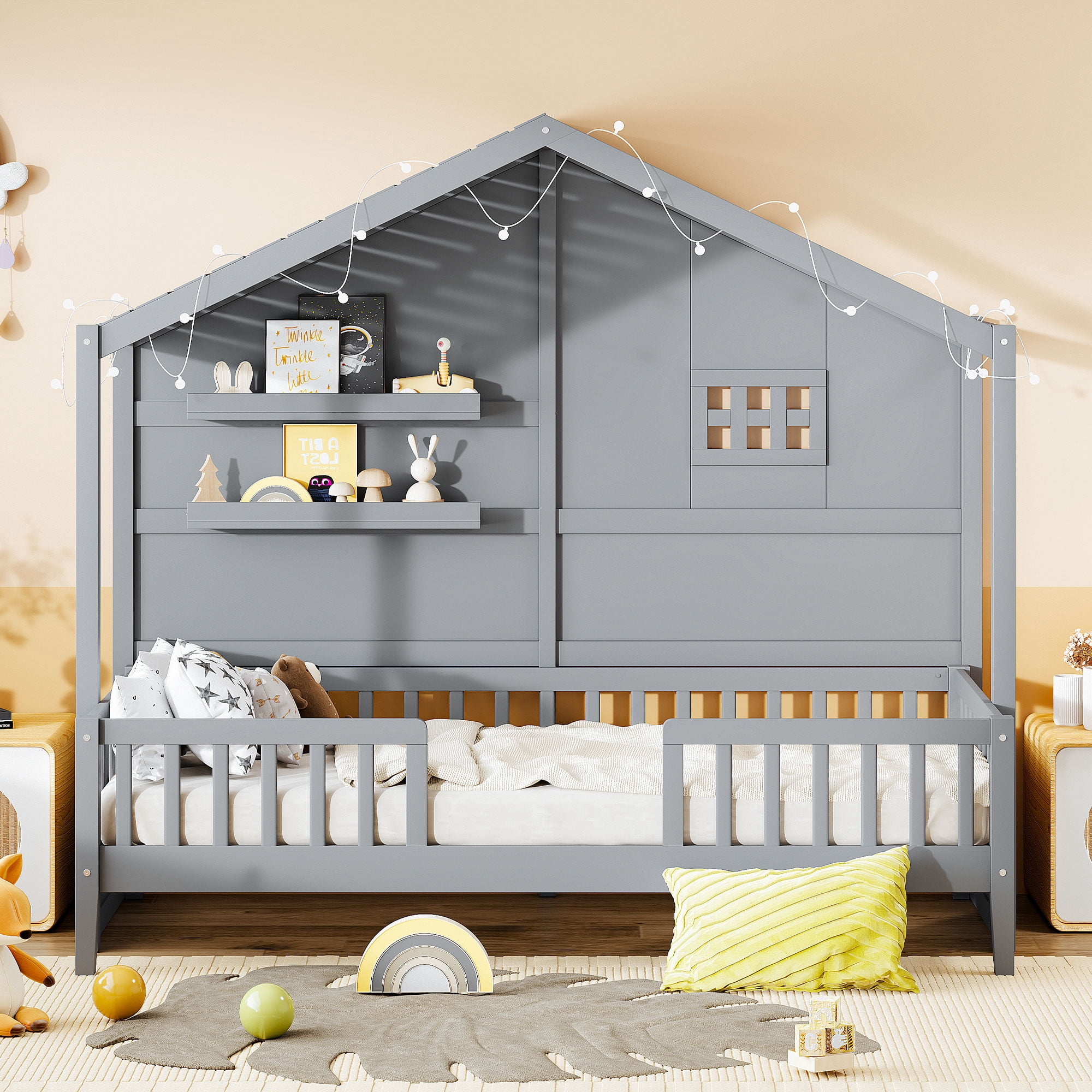 Mintazer Twin House Bed with LED String Lights & Storage Shelves, Toddler Montessori Bed Frame with Guardrails for Kids, Gray