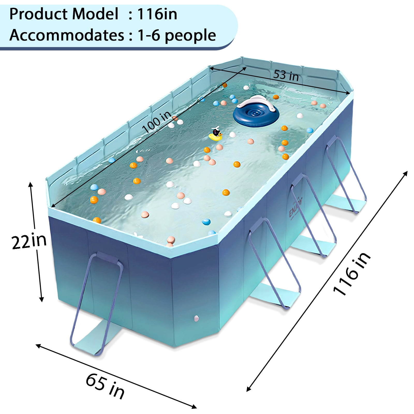 Liyufly Foldable Swimming Pool, Upgraded Non-Inflatable Metal Bracket Outdoor Above Ground Pools for Kids Adults, Blue, 116''x65''x22''