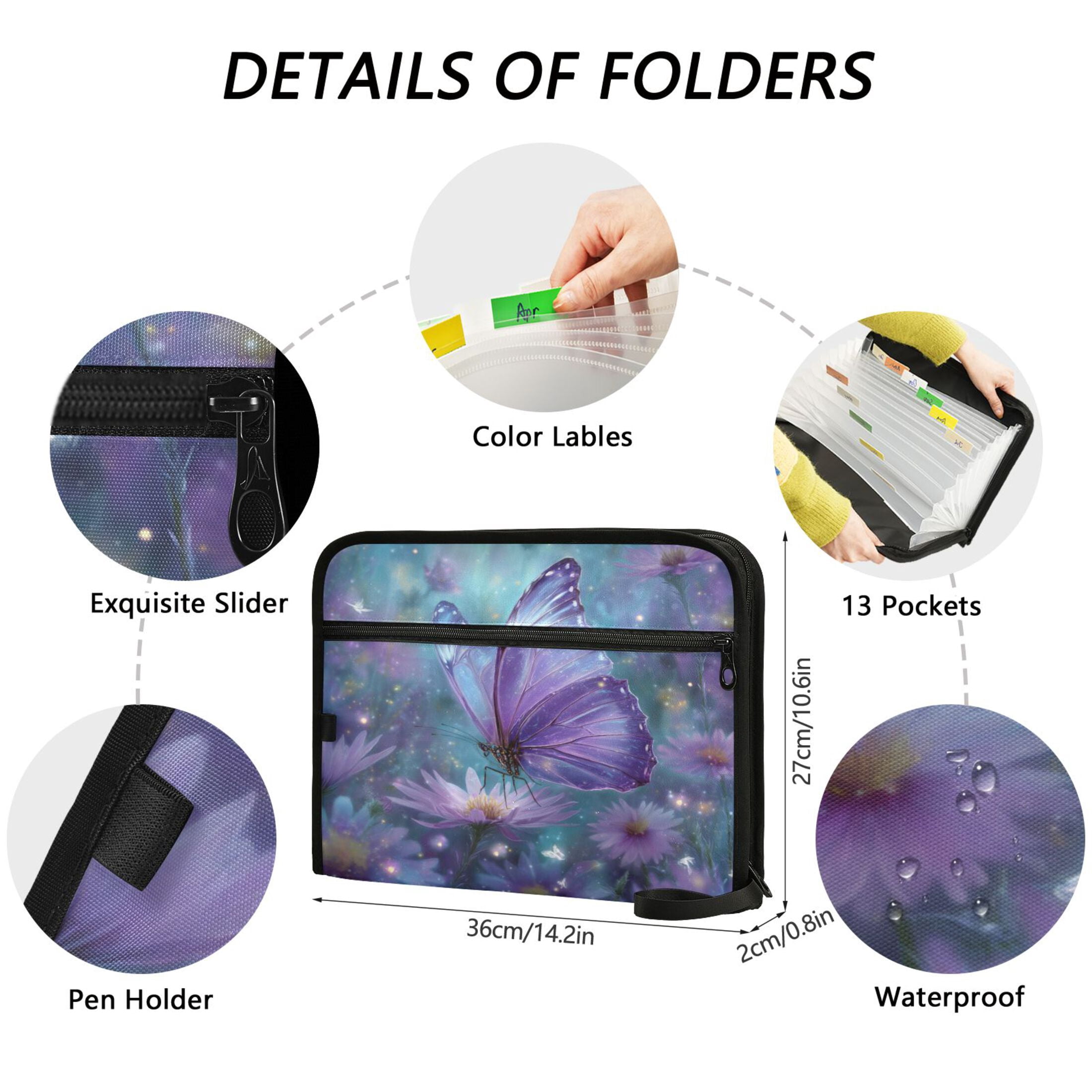WOBOGO Purple Sparkling Butterfly Expanding File Folder Letter Size Accordion Filing Organizer 13 Pocket Separate Organ Pocket