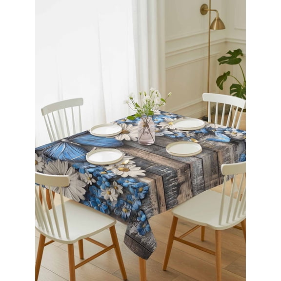 Blue White Daisy Tablecloth Rectangle Table Cloth 60x102, Waterproof Tablecloth Outdoor Table Cloth, Vintage Pastoral Butterfly Rustic Wood Washable Table Cover for Kitchen Dinning Party