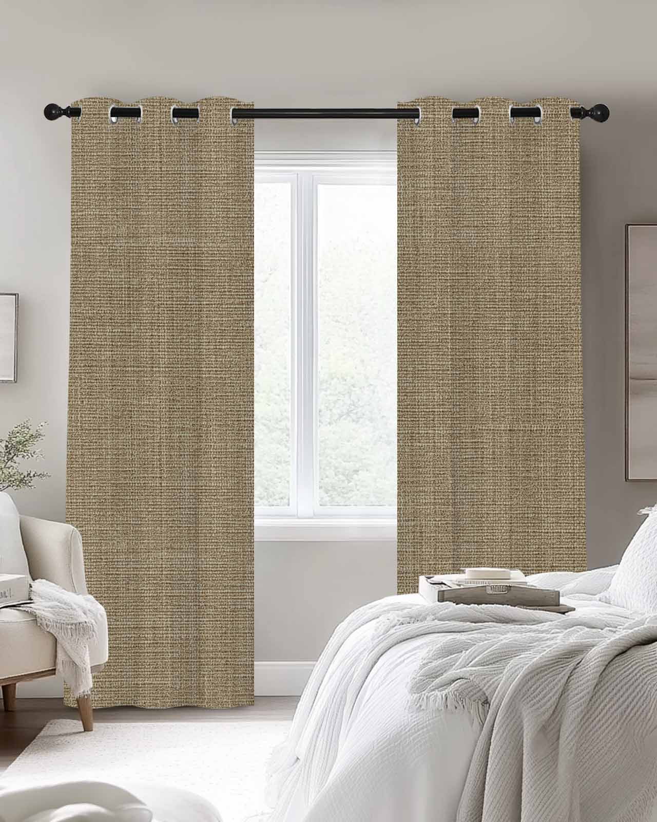 Brown Linen Texture Blackout Curtains 54 Inches Long, Farmhouse Solid Color 2 Panels, Thermal Insulated Room Darkening Drapes with Grommets, 42W x 54L Each Panel