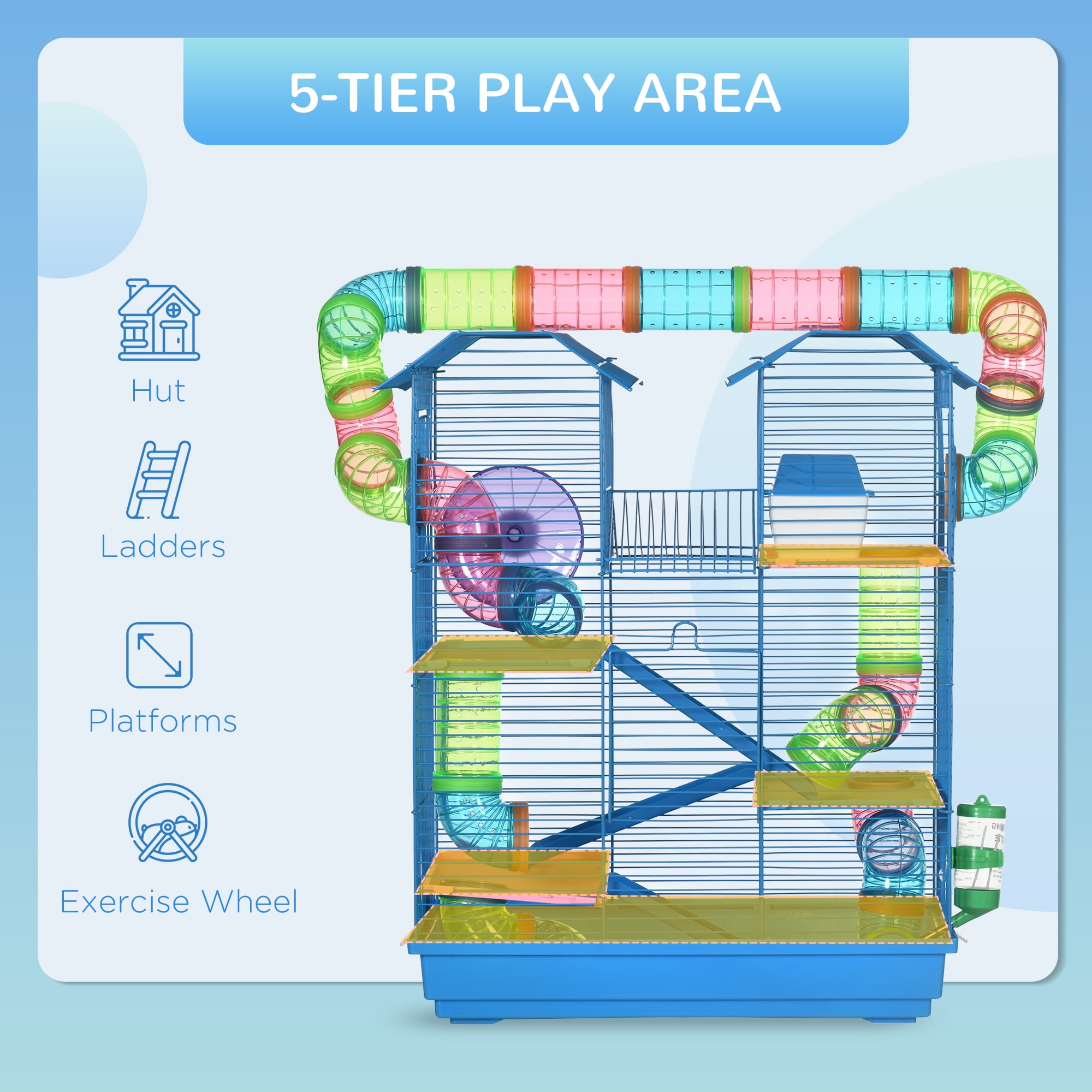 18.5" 5 Tier Hamster Cage with Tubes and Tunnels, Small Animal Cage, Rat Gerbil Cage with Water Bottle, Food Dish, Exercise Wheel, Blue