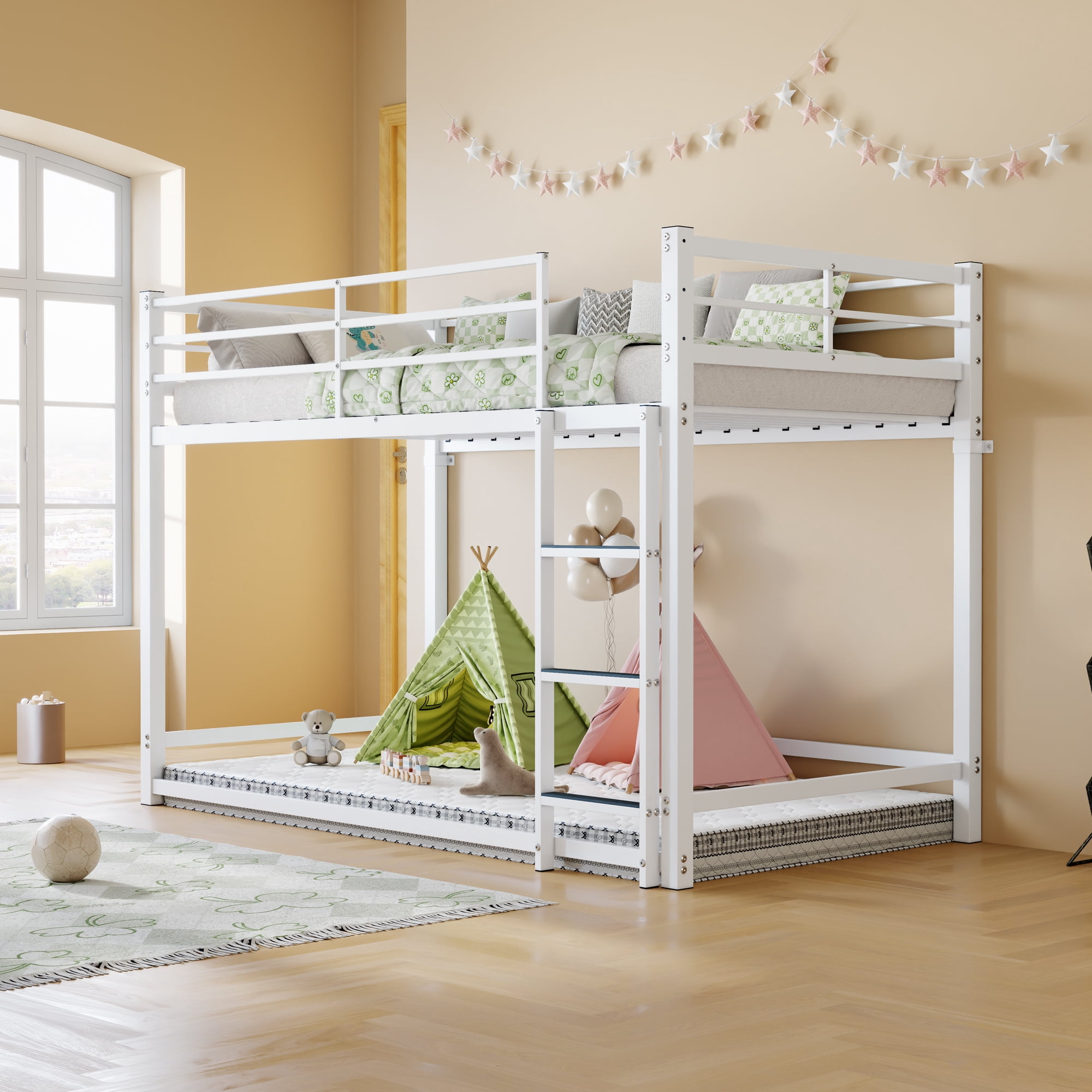 Mintazer Modern Twin Over Twin Metal Bunk Bed with Ladder and Guardrails for Bedroom Guest Room, Black