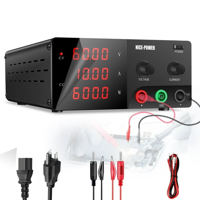 NICE-POWER DC Power Supply Variable, 60V 10A 600W High Power Bench Power Supply with Encoder Knob and Output Switch, Lab Power Supply Adjustable Switching Regulated Power Supply for Repair/Test