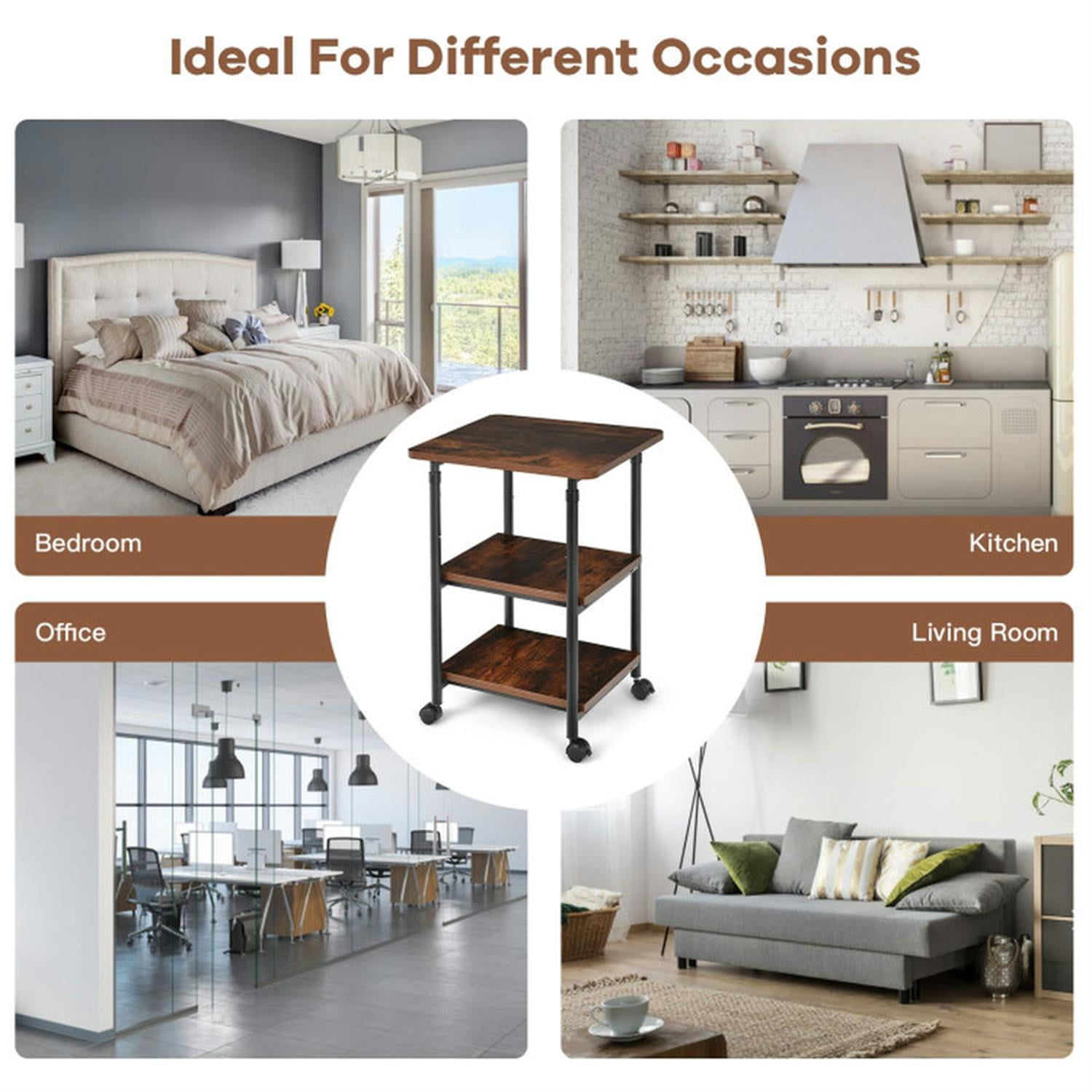 Demi Bonn 3-tier Adjustable Printer Stand with 360° Swivel Casters, Laptop Workstation for Laptops, Books, Tablets, and Art, Brown