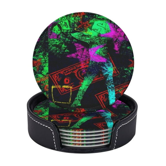 Neo Pop Art Blacklight Glow In The Dark Coasters With Leather Holder Set Of 6 Round Coasters for Home and Kitchen Decor