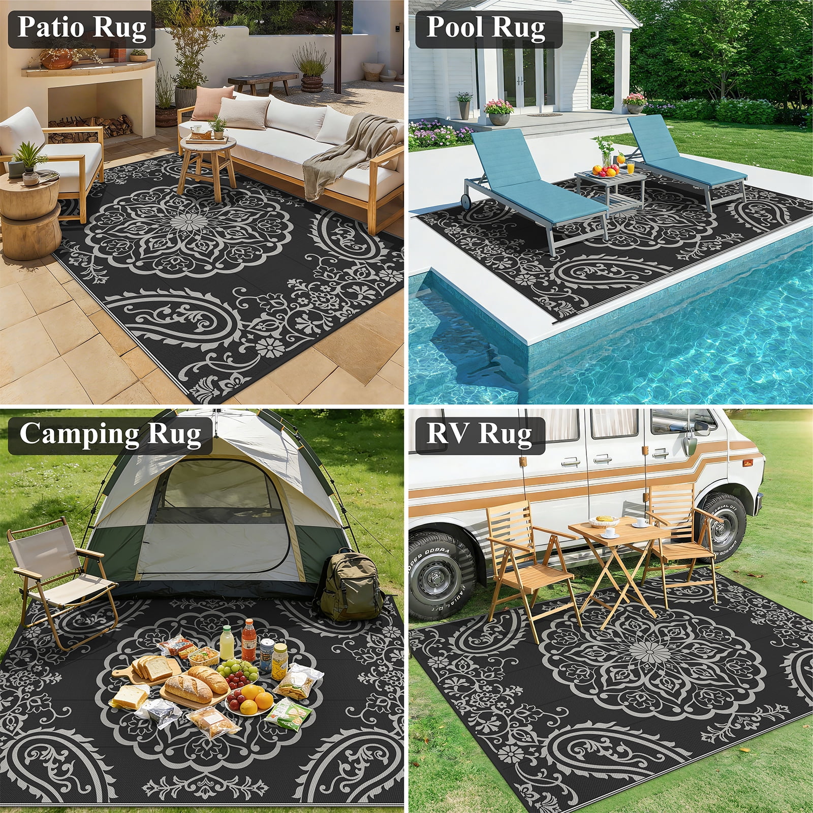 MeyJey 6'x9' Outdoor Rugs for Patio, Patio Rug Waterproof RV Mats, Plastic Straw Camping Area Rug for Indoor Porch Balcony Beach Mat, Black/Grey