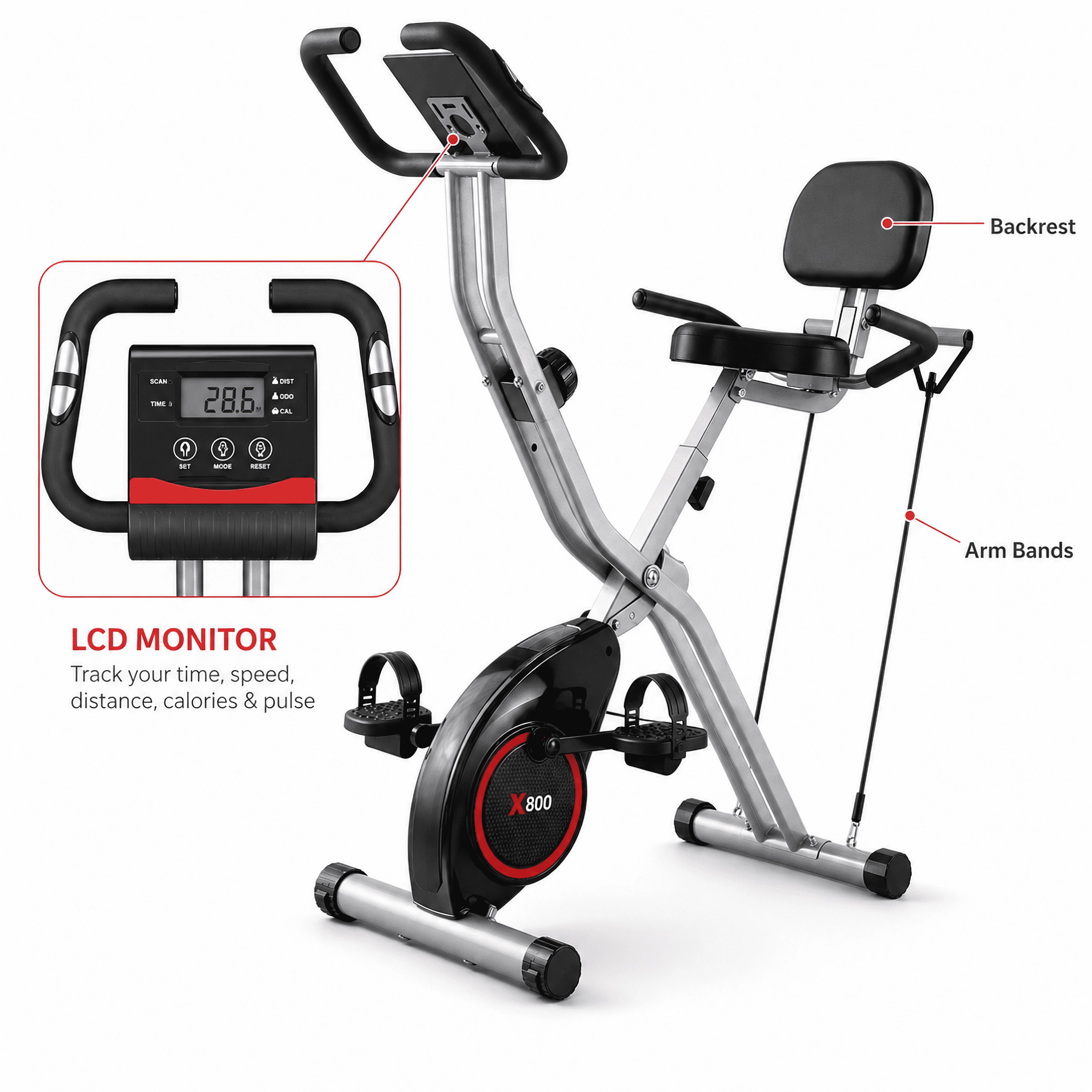 USLIM 5‑in‑1 Foldable Exercise Bike for Home, 16‑Level Magnetic Resistance Stationary Bike with Arm Bands, Backrest, LCD Monitor, 300 lb Capacity