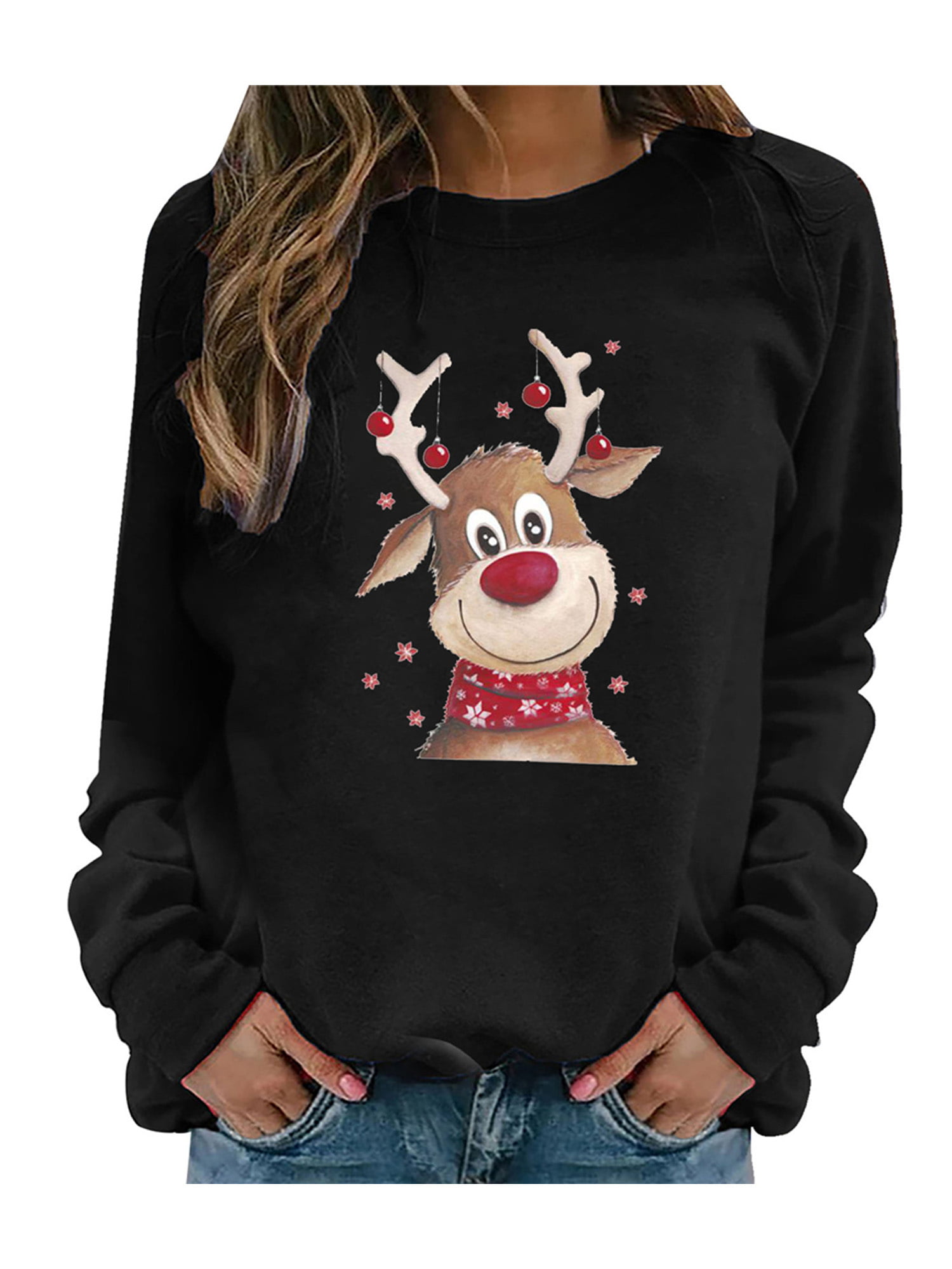 Christmas Long Sleeve Shirts for Women Trendy Vintage Reindeer Graphic Hoodies Thin Cowl Neck Sweater Top with Pockets