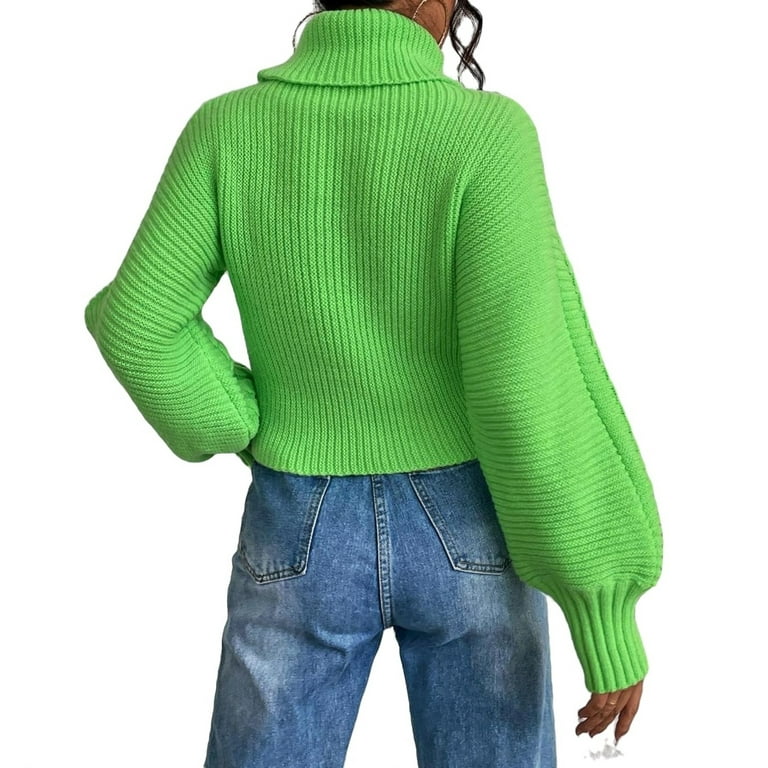 Casual Plain High Neck Pullovers Long Sleeve Lime Green Women Sweaters Women s