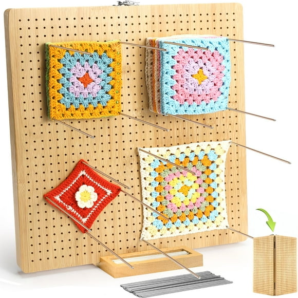Aulin 15.5"" x 15.5"" Foldable Crochet Blocking Board with Pegs | 35 Stainless Steel Rod Pins - Upgrade Large Blocking Boards for Crochet Projects, Gifts for Crocheters