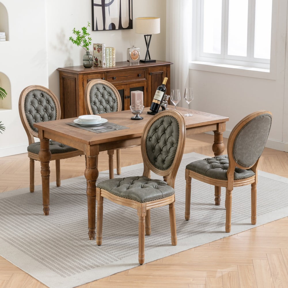 French Style Dining Chairs Set of 2, Solid Wood Upholstered Side Chairs with Tufted PU Leather, Nailhead Trim, Oval Back, Olive Green
