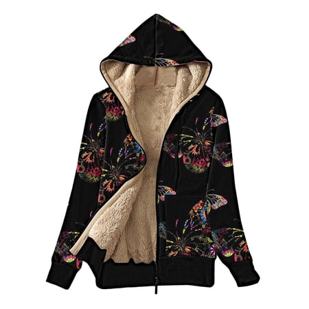 Tiweut Womens Jackets Thickened Overcoat Long Sleeve Butterfly Print Lined Winter Sweatshirt Coat with Side Pockets Tops Red S