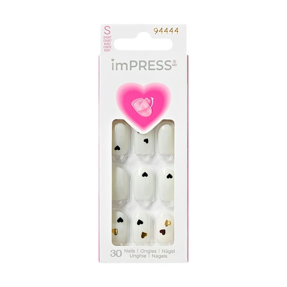 KISS imPRESS Design Valentine's Day Press on Nails, Two of Hearts, White, Short Oval, 30 Count