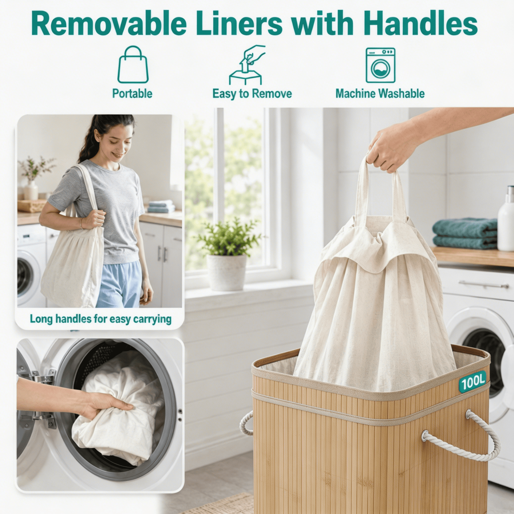 MEHOOM Laundry Hamper, 100L Foldable Laundry Basket with Lid and Handles (Natural Bamboo)