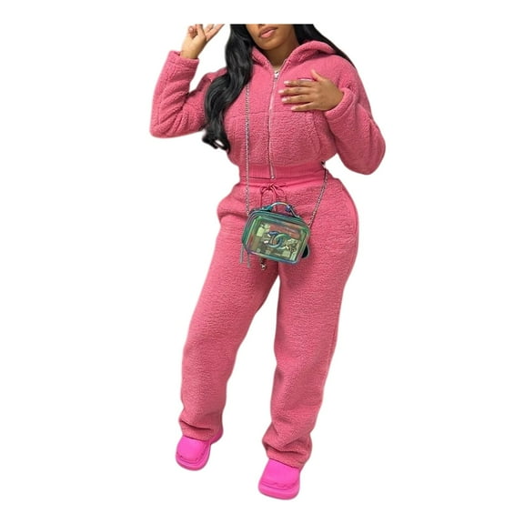 Women’s Solid Color Bubble Fleece Winter Long Lounge Set, Cozy Warm Two-Piece Outfit with Soft Fuzzy Top and Matching Pants, Casual Fashion Loungewear for Cold-Weather Daily Wear
