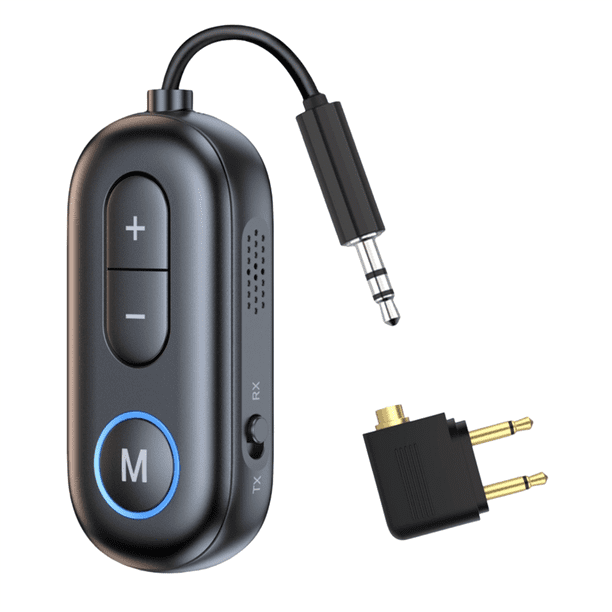 Transmisor y Receptor de Audio Bluetooth 5.4, Adaptador Estéreo HiFi Auxiliar de 3,5 mm con Micrófono para Coche, Avión, TV, PC, Altavoz, Color Negro