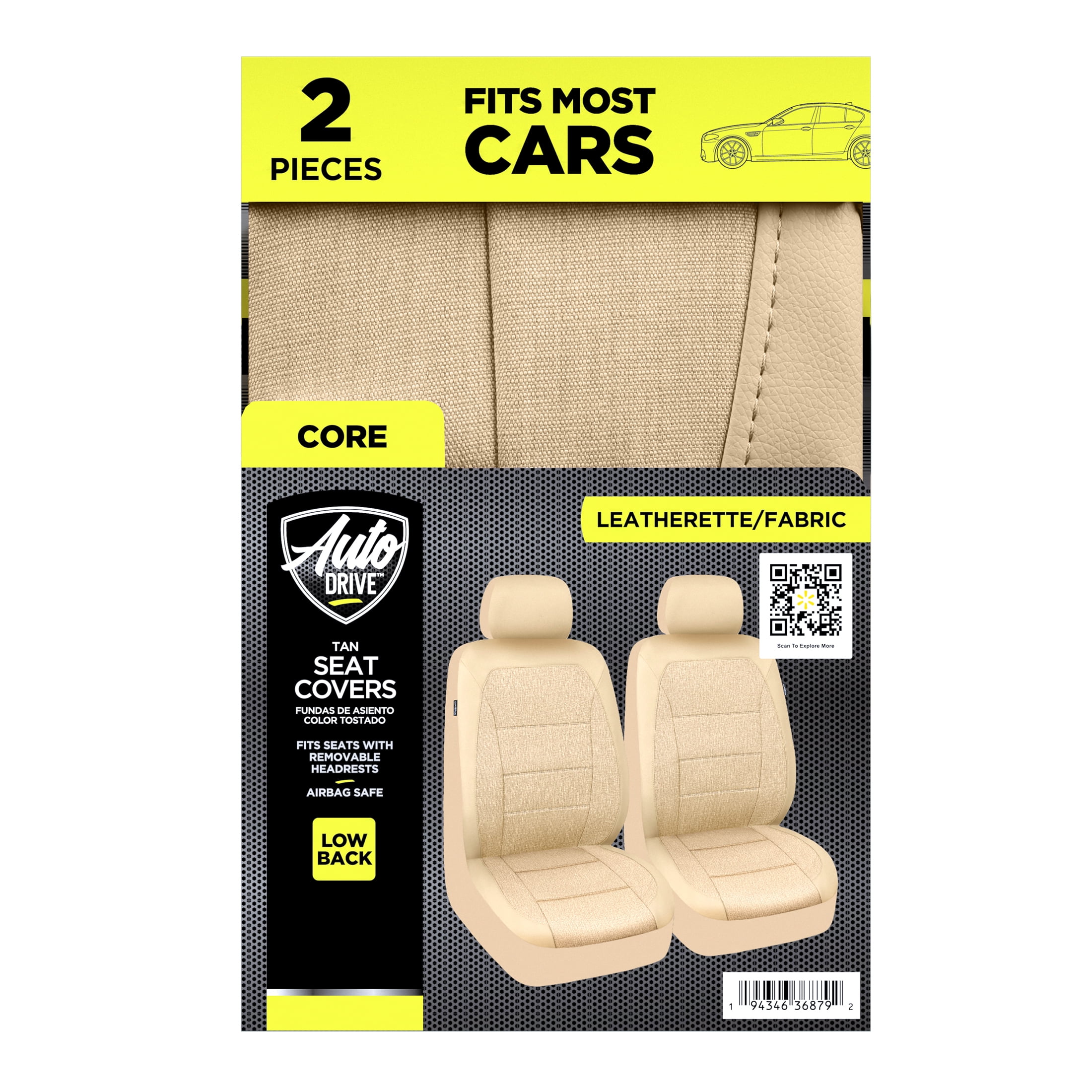 Auto Drive Tan Leatherette & Tan Linen Front Car Seat Cover,Universal Fit for Cars Trucks and SUVs,2 pack