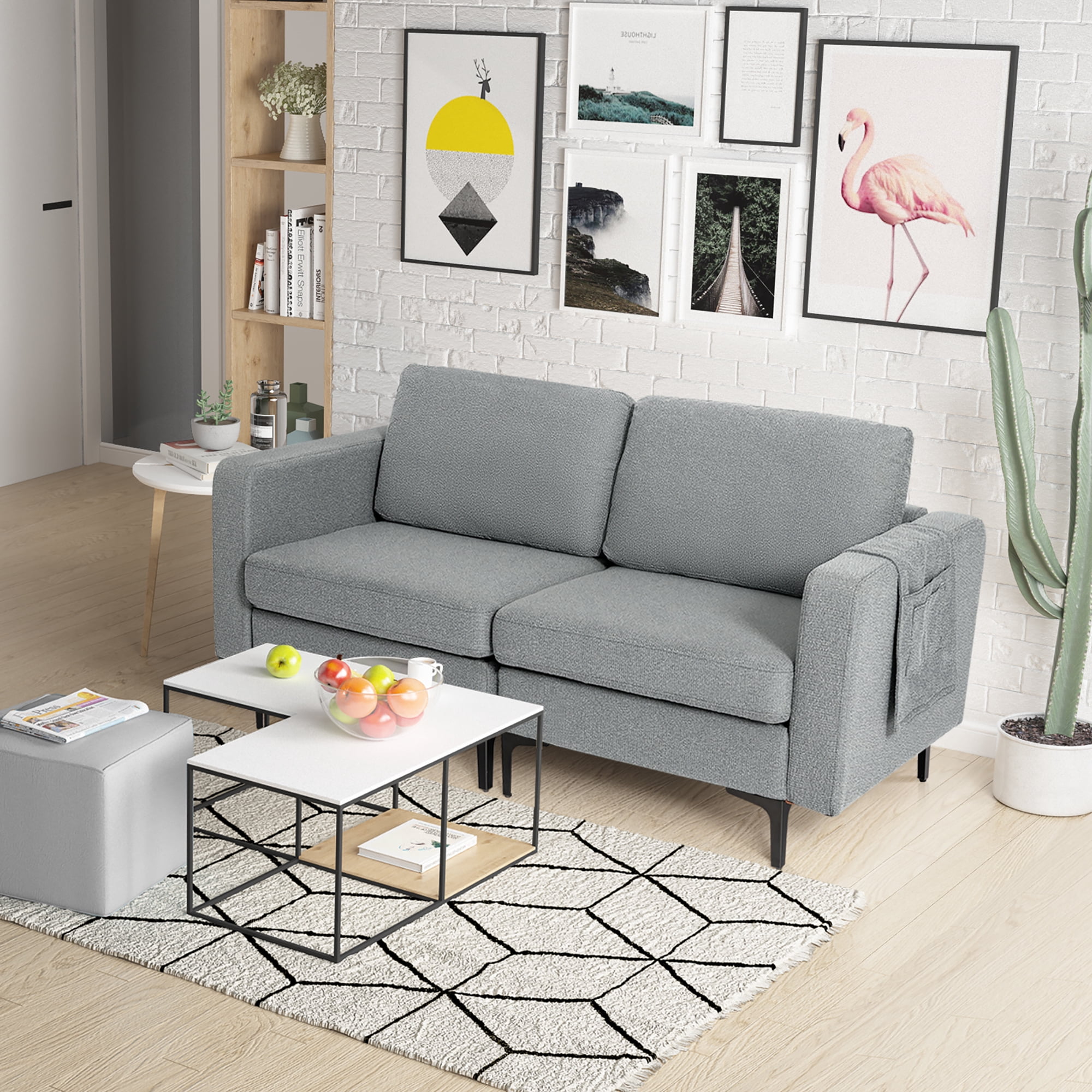 Costway Modern Loveseat Linen Fabric 2-Seat Sofa Couch w/ Side Storage Pocket Dark Grey