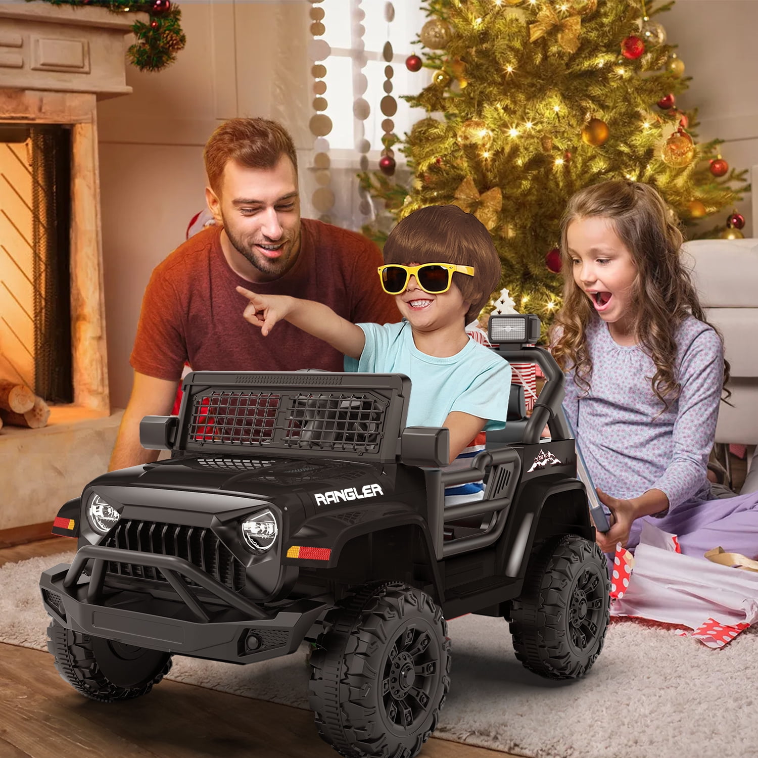 Erinnyees 12V Ride on Jeep Car, Kids Electric Vehicles with Remote Control, Safety Belt, Battery Powered, Music and Lights-Black