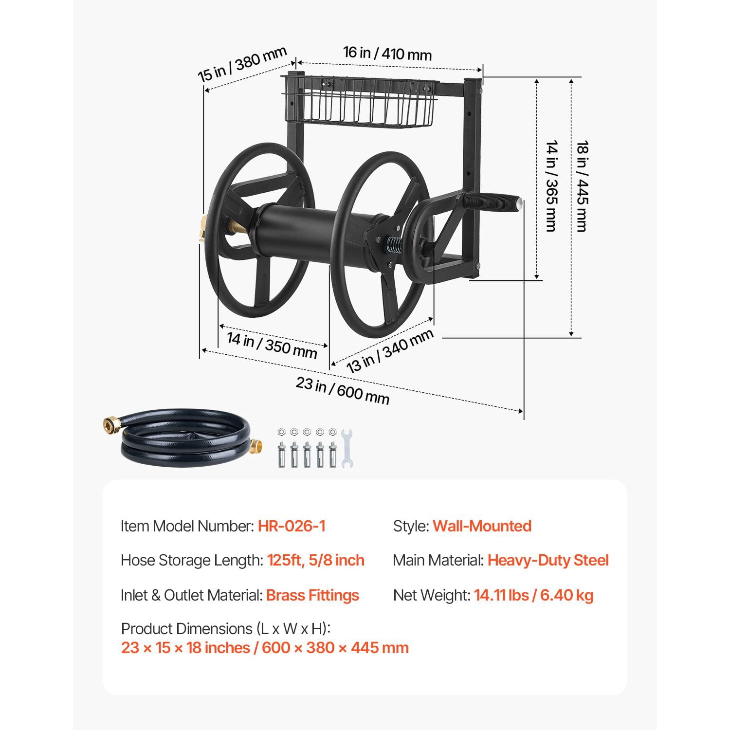 Wall-mounted garden hose reel 125 '5/8 ", reel with brass fittings, outdoor hand reel, yard lawn storage basket, space saving
