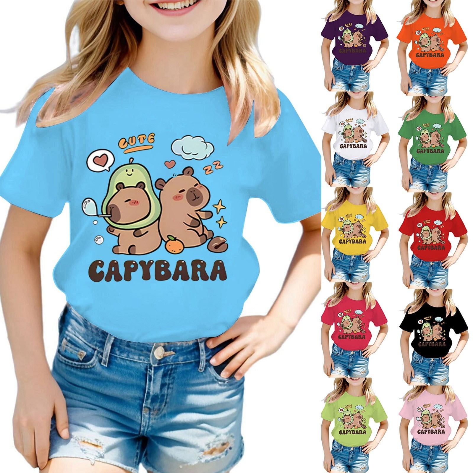 XINPING Girls Cute Print T-Shirt Kids Round Neck Short Sleeve Tee Animal Graphic Top for Summer Casual Wear and School