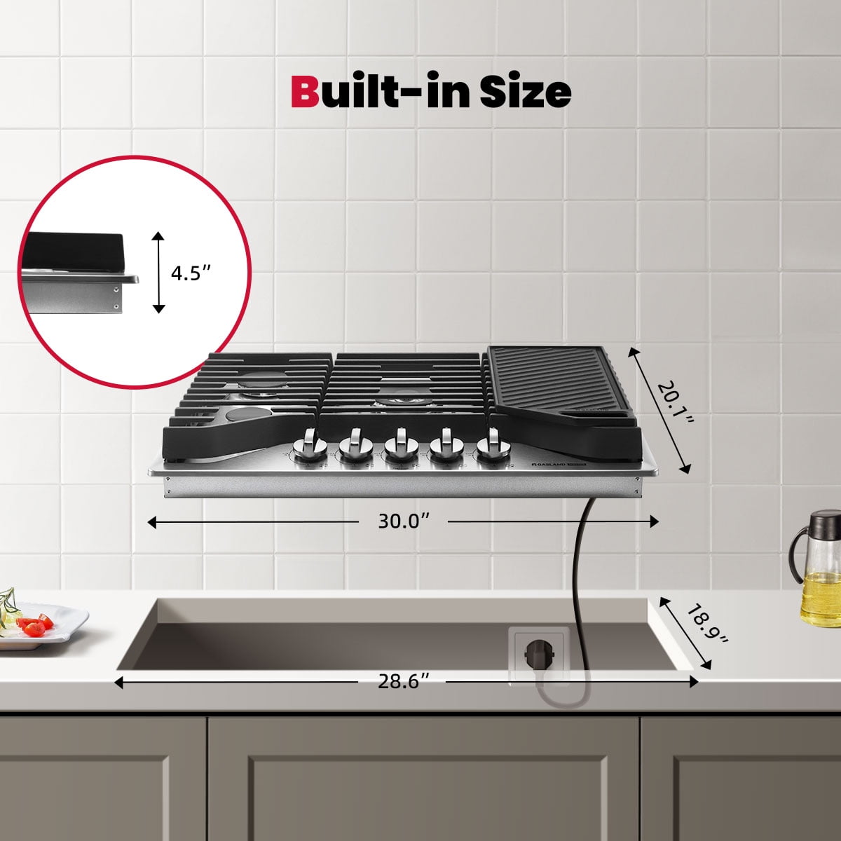 GASLAND Master Series 30 Inch Gas Cooktop with Griddle PRO GH3805SS1FC with 5 Burners, CSA certified,120V Plug-in, NG/LPG Convertible