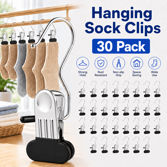 MORAVE 30-Pack Heavy Duty Clothes Pins, Laundry Hanger Clips Hook Hangers for Closet Wardrobe Organizer, Bulk Clothespins for Socks Towels Pants Handbag Travel Use