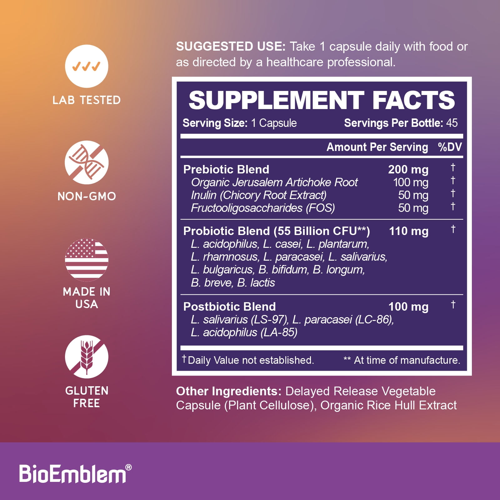 BioEmblem Probiotics – 55 Billion CFU, Pre/Postbiotics, Immune & Digestive Support – 45 Capsules