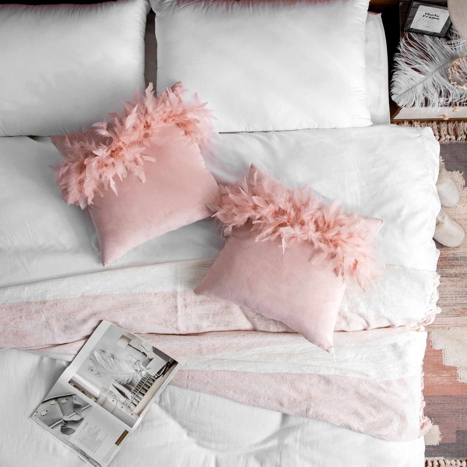 Phantoscope Feather Velvet Decorative Throw Pillows, 18 x 18 in, Light Pink, 2 Pack