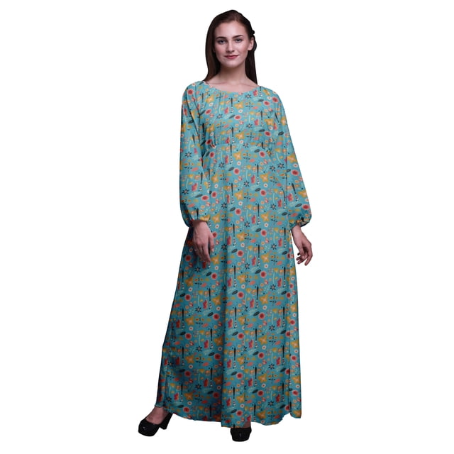 Bimba Robe Maxi d'Été Décontractée pour Femmes en Georgette Mousse à Imprimé Artistique Libellule et Floral, Longue, Taille Élastique - Grand