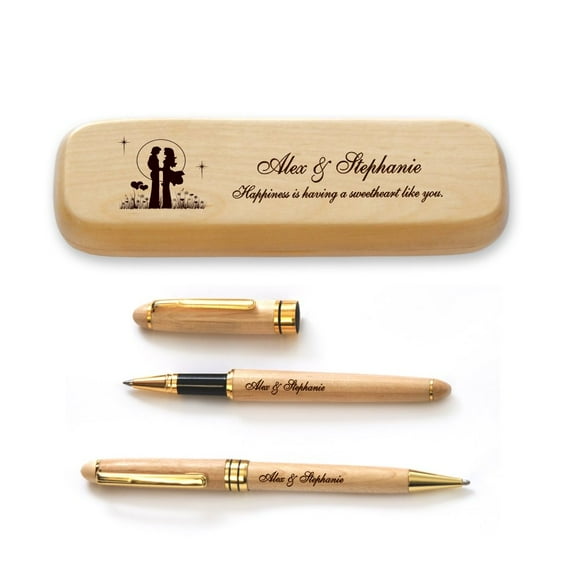 Étui en Bois d'Érable Personnalisé et Deux Stylos pour le Couple