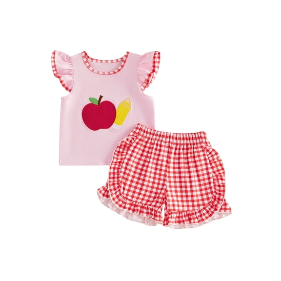 BemeyourBBs Toddler Baby Girl Back to School Outfit Kdis Baby Girls Kindergarten Outfits First Day of School Outfit Apple Pencil Embroidery Fly Sleeve T Shirt Tops and Plaid Shorts 2Pcs Set