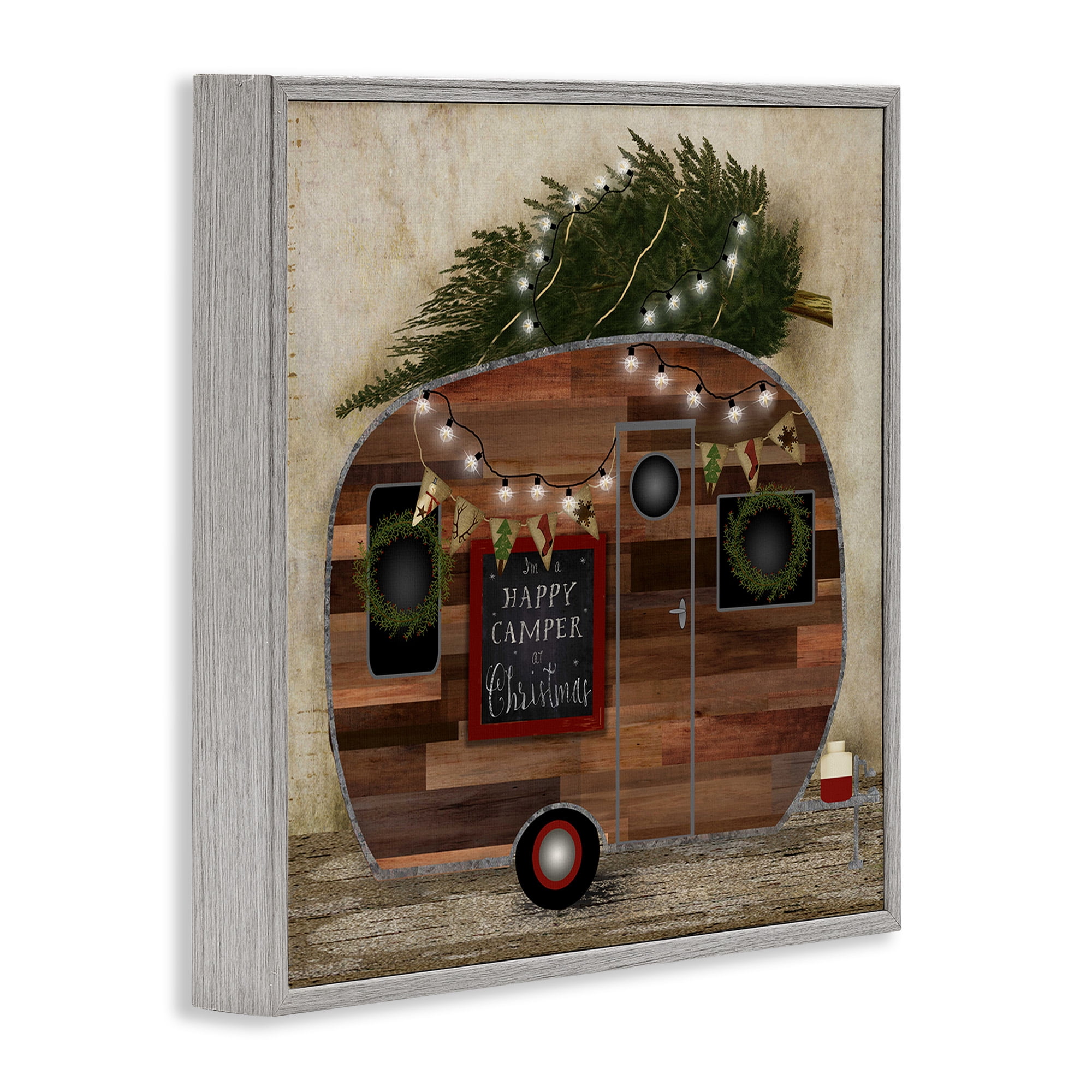 Stupell Industries Happy Camper At Christmas Holiday Painting Gray Framed Art Print Wall Art, 24 x 24