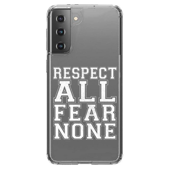DistinctInk Clear Shockproof Hybrid Case for Galaxy S21  PLUS 5G (6.7" Screen) - TPU Bumper Acrylic Back Tempered Glass Screen Protector - Respect All Fear None