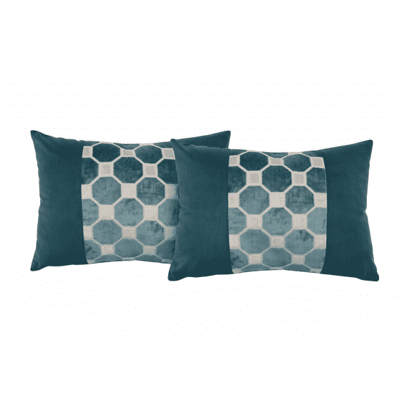 Excellere Home Teal Blue Velvet Jacquard Lumbar Throw Pillows, 14" x 20", Plush Filled Decorative Accent Cushions for Sofa, Bed & Couch, Indoor Use, Pack of 2