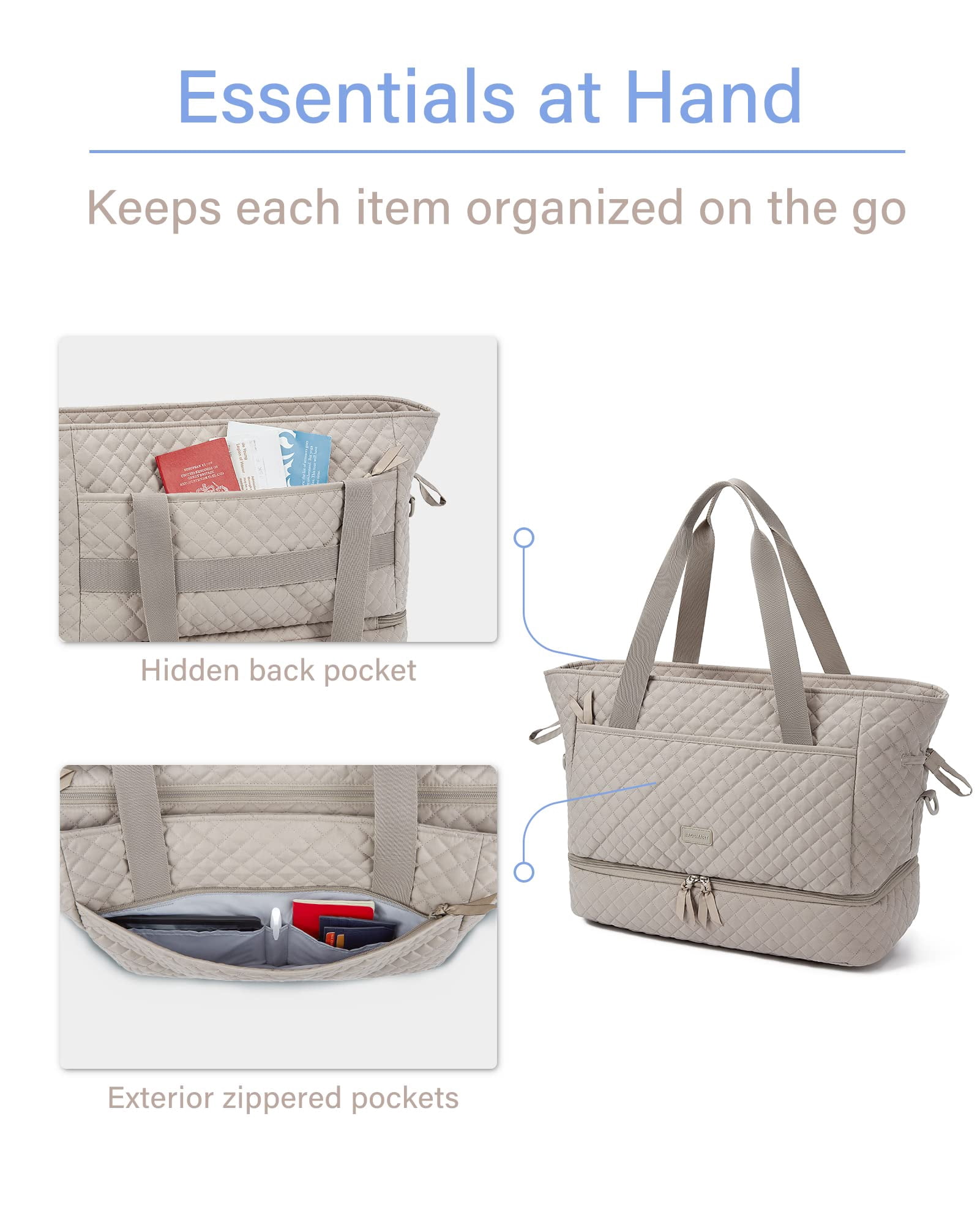 BAGSMART Weekender Overnight Bag, 39L Large Travel Duffle Tote Bag, Fashion Carry On Gym Bag Water-Resistant Shoulder Handbags with Shoe Compartment, Tranquil Gray