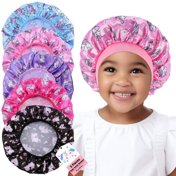 Dyrfolm 5 gorros de satén para niños, gorros de seda suave para dormir, gorros para niñas, gorro de dormir de banda ancha elástica, lindos sombreros de noche para cabello natural, niños pequeños, adol