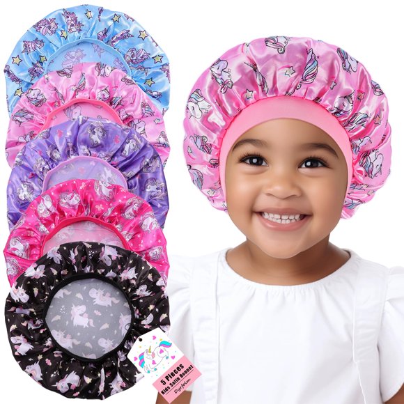 Dyrfolm 5 gorros de satén para niños, gorros de seda suave para dormir, gorros para niñas, gorro de dormir de banda ancha elástica, lindos sombreros de noche para cabello natural, niños pequeños, adol