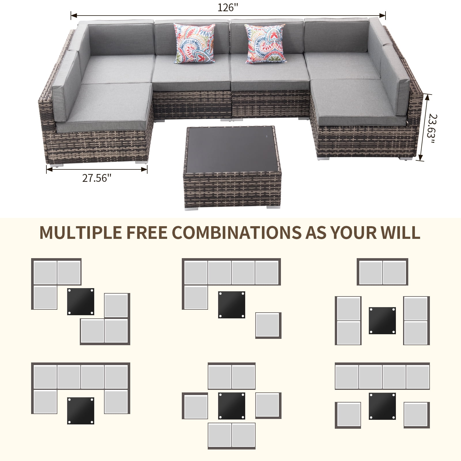 Capri PE Wicker Sectional Sofa Set, 6-Seat Outdoor Conversation Couch Set, 7 Pieces Rattan Patio Furniture Set for Porch Poolside Backyard, Quick Installation in 30 Mins, Brown