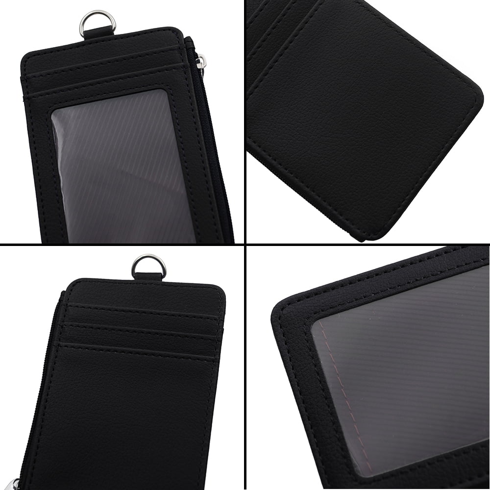 GOGO Professional ID Badge Holder with Zip, 2-Sided Vertical Style PU Leather ID Badge Holder with Zipper Pocket and Leather Neck Lanyard-Black5PCS