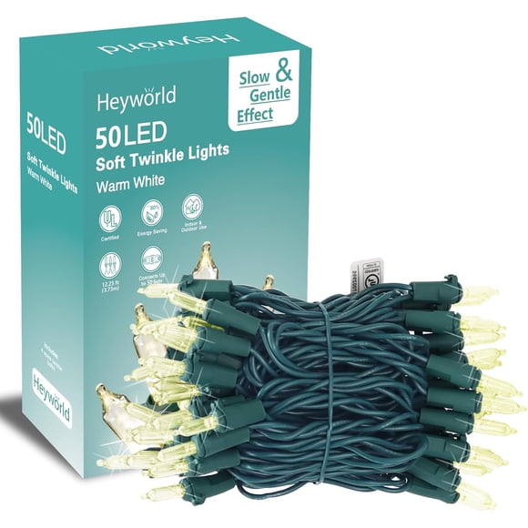 Heyworld Soft Twinkle Lights, 50 Led Slow Twinkling Christmas Lights on Green Wire Cord, UL Approved 14.58 Ft, Connect Up to 50 Sets, Indoor Outdoor Use, Warm White