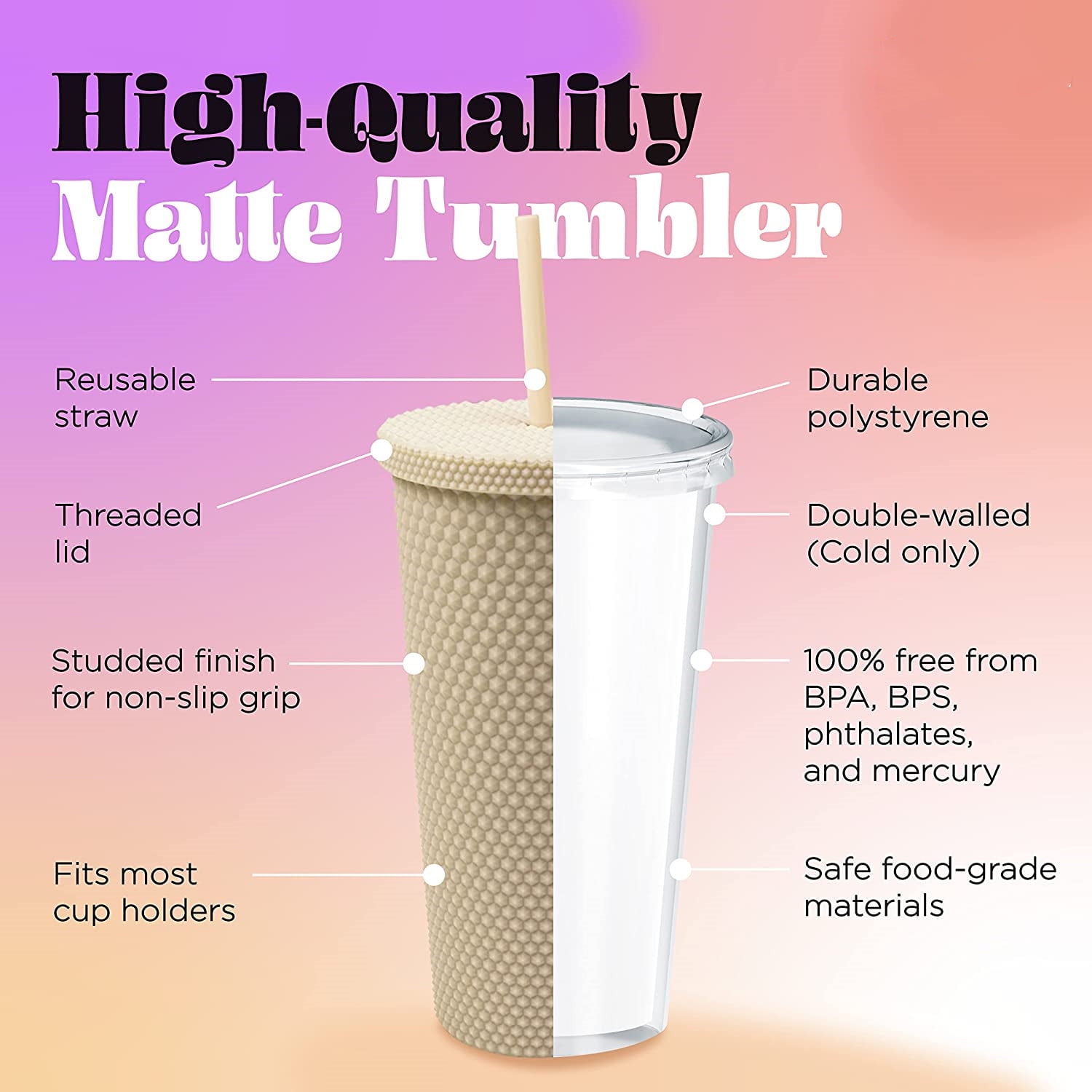 Zephyr Canyon 24oz Matte Black Tumblers with Lids and Straws - Pastel Double Wall Tumbler - Insulated Acrylic Cups for Hot & Col
