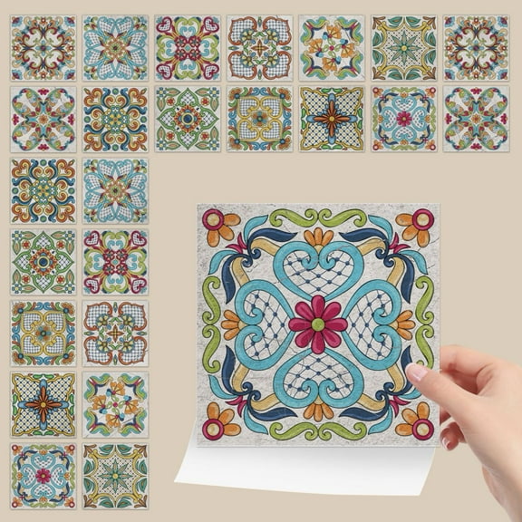 24Pcs Self Adhesive DIY Tiles Wall Stickers 4 x 4in Multicolor Flowers Decoration Kitchen Backsplash Waterproof Tile Decals