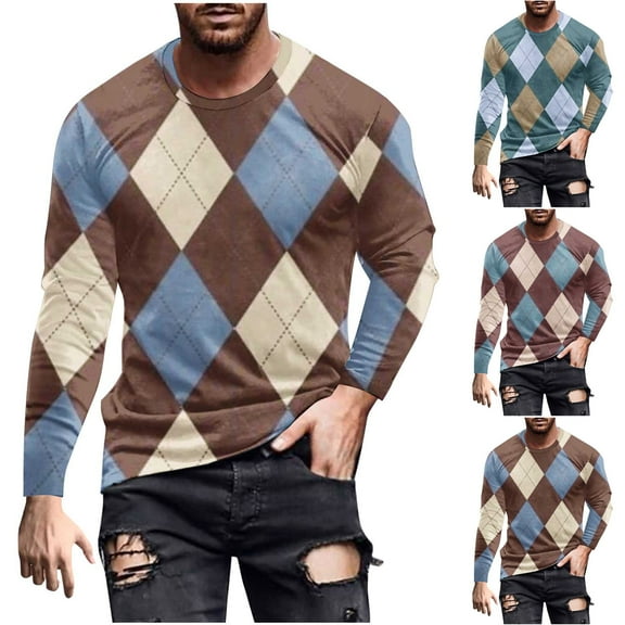 Drindf Mens Argyle Checkered T Shirts Big and Tall Long Sleeve Tops Lightweight Casual Basic Tees Comfort Round Neck Tshirts Loose Fit Fall Clothes