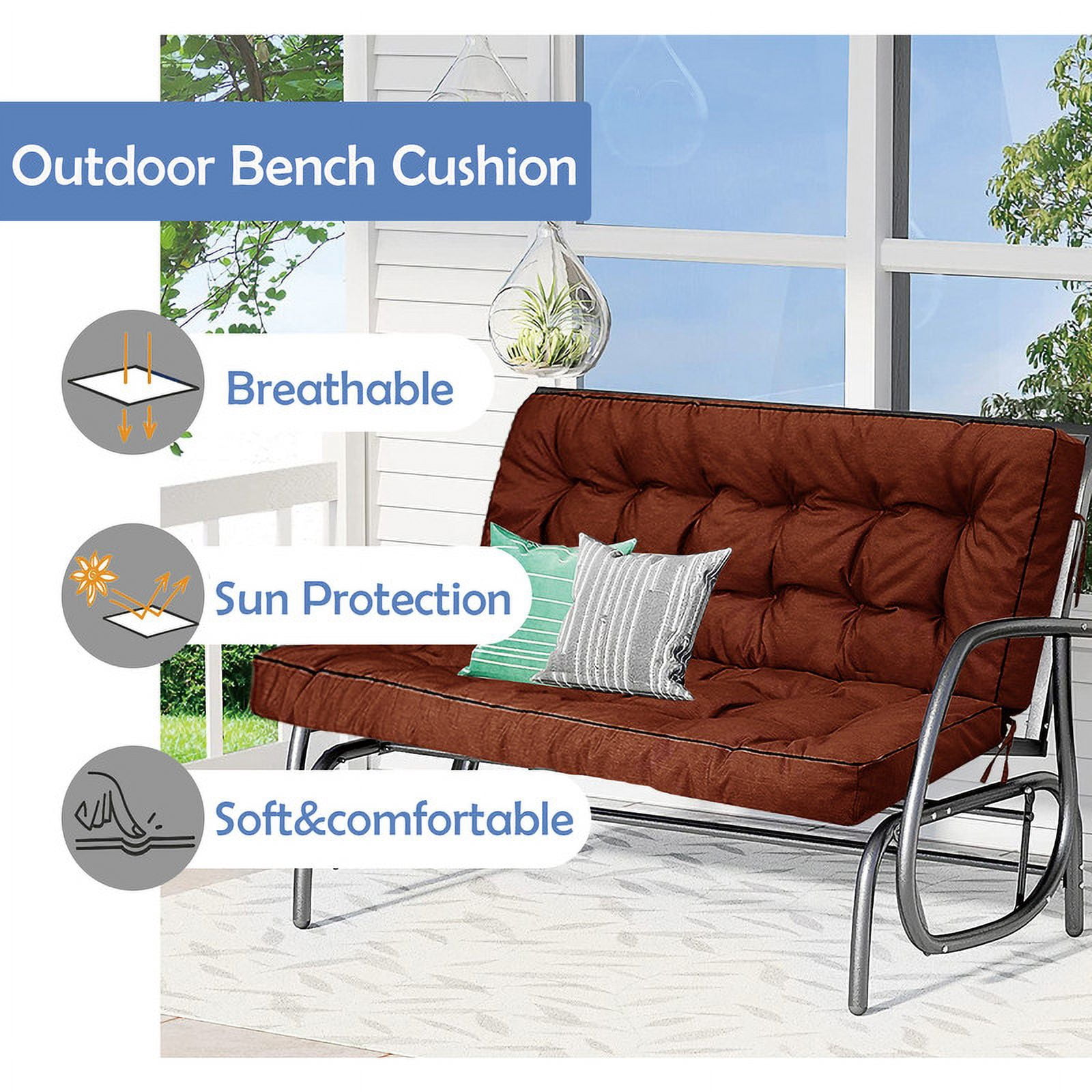 Porch Swing Cushions, Swing Cushions 3 Seater Replacement with Backrest, Thicken 4" Waterproof Bench Pad Cushions, Outdoor Loveseat Cushions Non-Slip Chairs Pad (Brown)