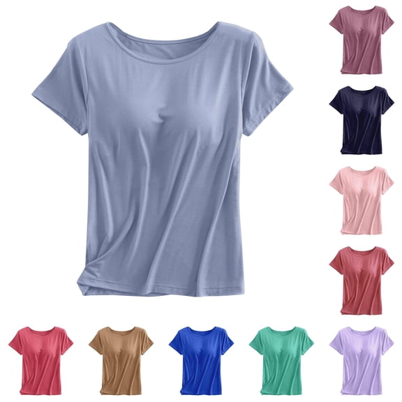 XIAONU Summer Women's Built-In Bra Crew Neck T-Shirt Short Sleeve Everyday Casual Basic Tee