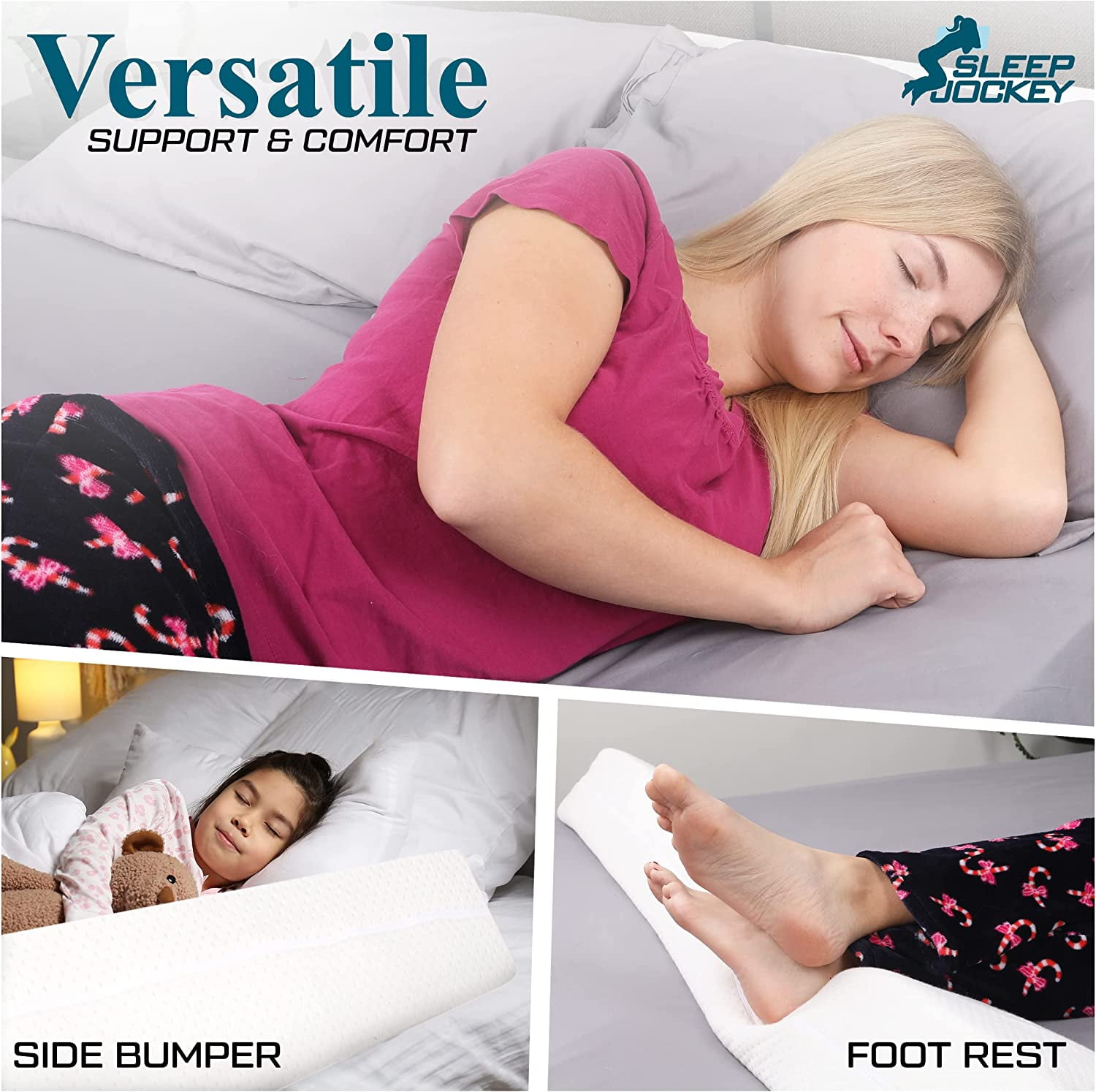 Sleep Jockey Queen Size Bed Wedge Pillow Stopper - Bed Gap Filler(0-8") - Memory Foam Headboard Pillow - Triangle Bloster Pillow Wedge to Fill the Gap Between Headboard and Mattress (60''x10"x6")