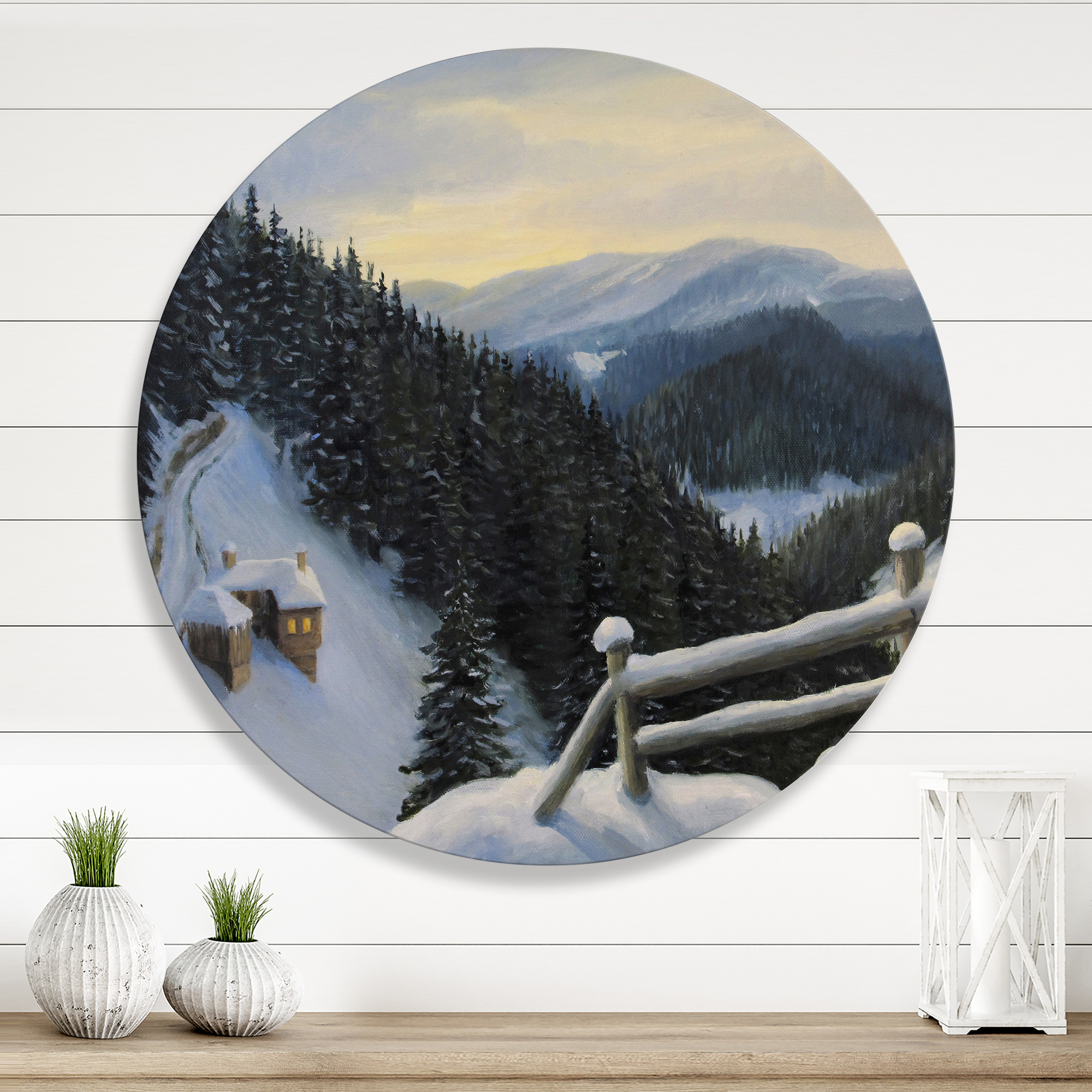 Designart 'View On Snowy Mountain Tops At Evening Glow' Traditional Circle Metal Wall Art 23x23 - Disc of 23
